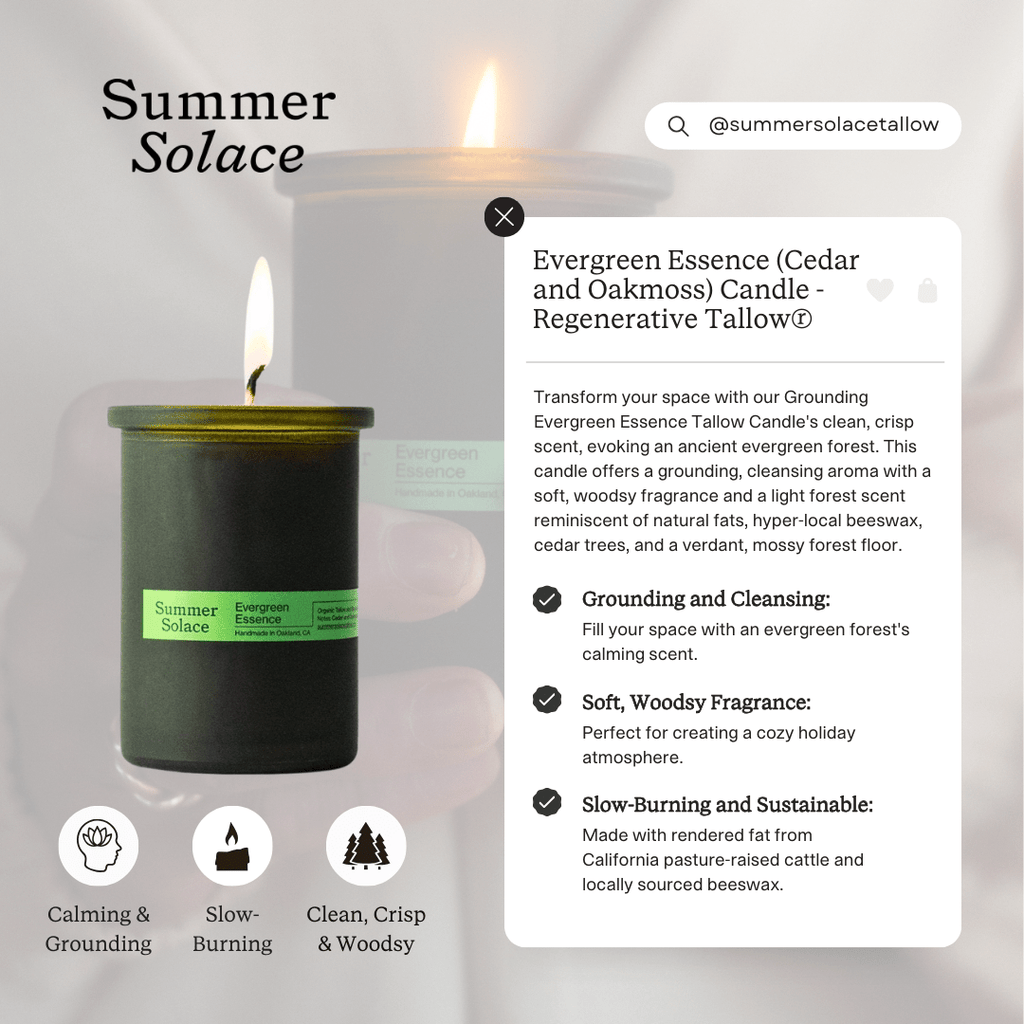Lit dark green candle jar on a surface, green label visible