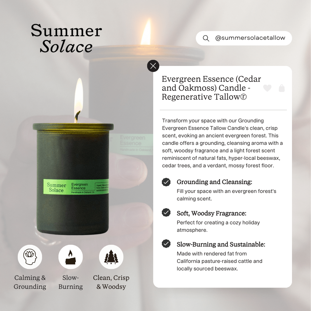 Lit dark green candle jar on a surface, green label visible