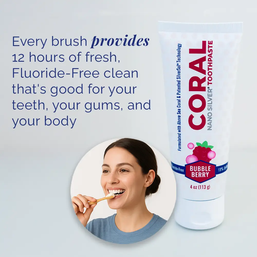 Kids bubble berry toothpaste tube with toothbrush shown, white CORAL nano silver