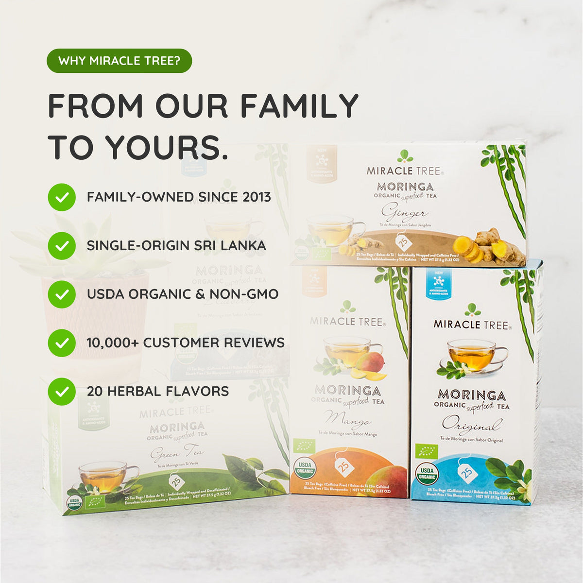 Assorted moringa honey & vanilla herbal tea packages, including box and pouch.