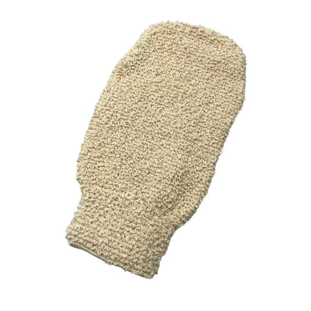 Beige exfoliating scrub mitt with textured surface and small loop handle