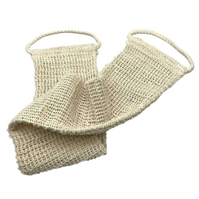 Beige U-shaped mesh exfoliating scrubber with two loop handles