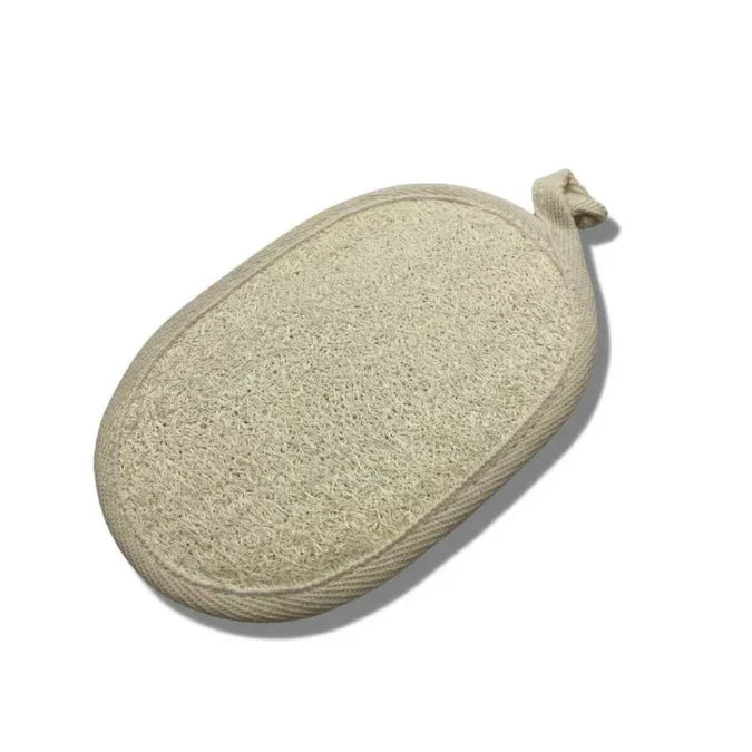 Round exfoliating scrub pad with loop handle, beige textured surface