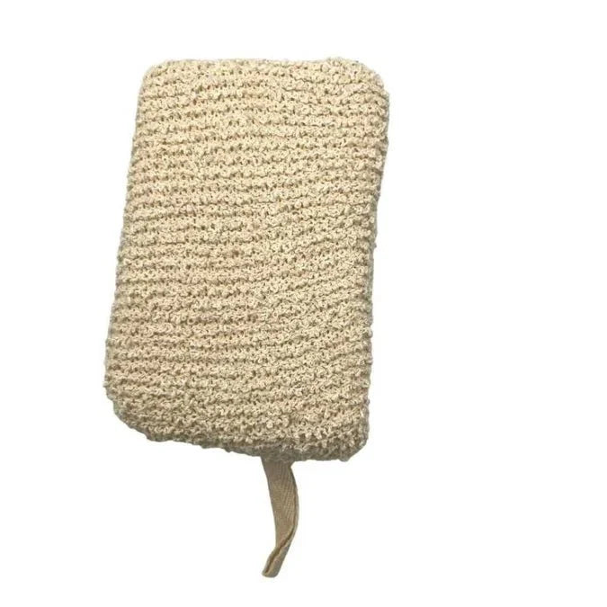 Beige rectangular exfoliating scrub pad with textured knit and hanging loop