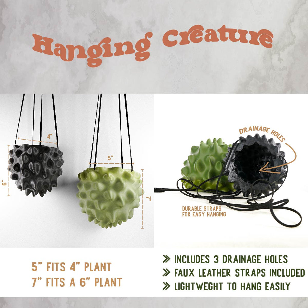 Hanging creature orb planter pot diagram with drainage holes and hanging strap details