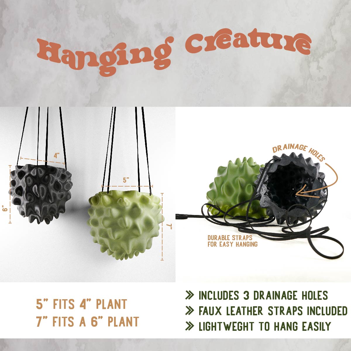 Hanging creature orb planter pot diagram with drainage holes and hanging strap details
