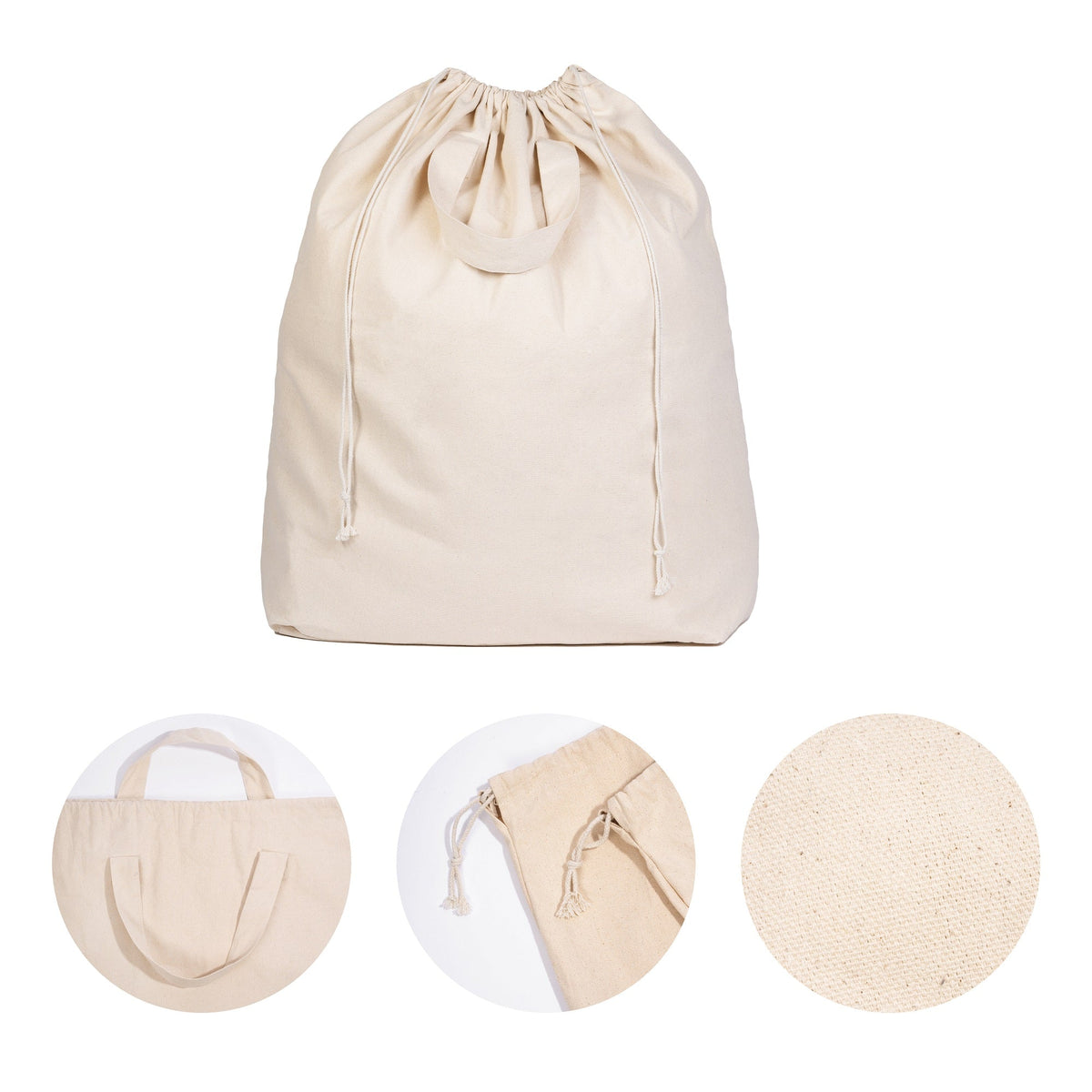 Off-white canvas laundry bag with drawstring top and fabric texture close-up