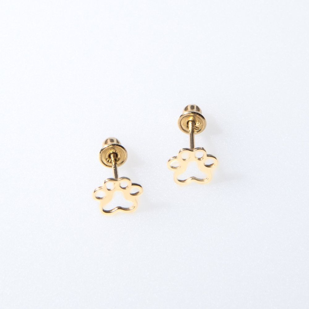 Dog paw stud earrings, gold-tone paw charm with round posts