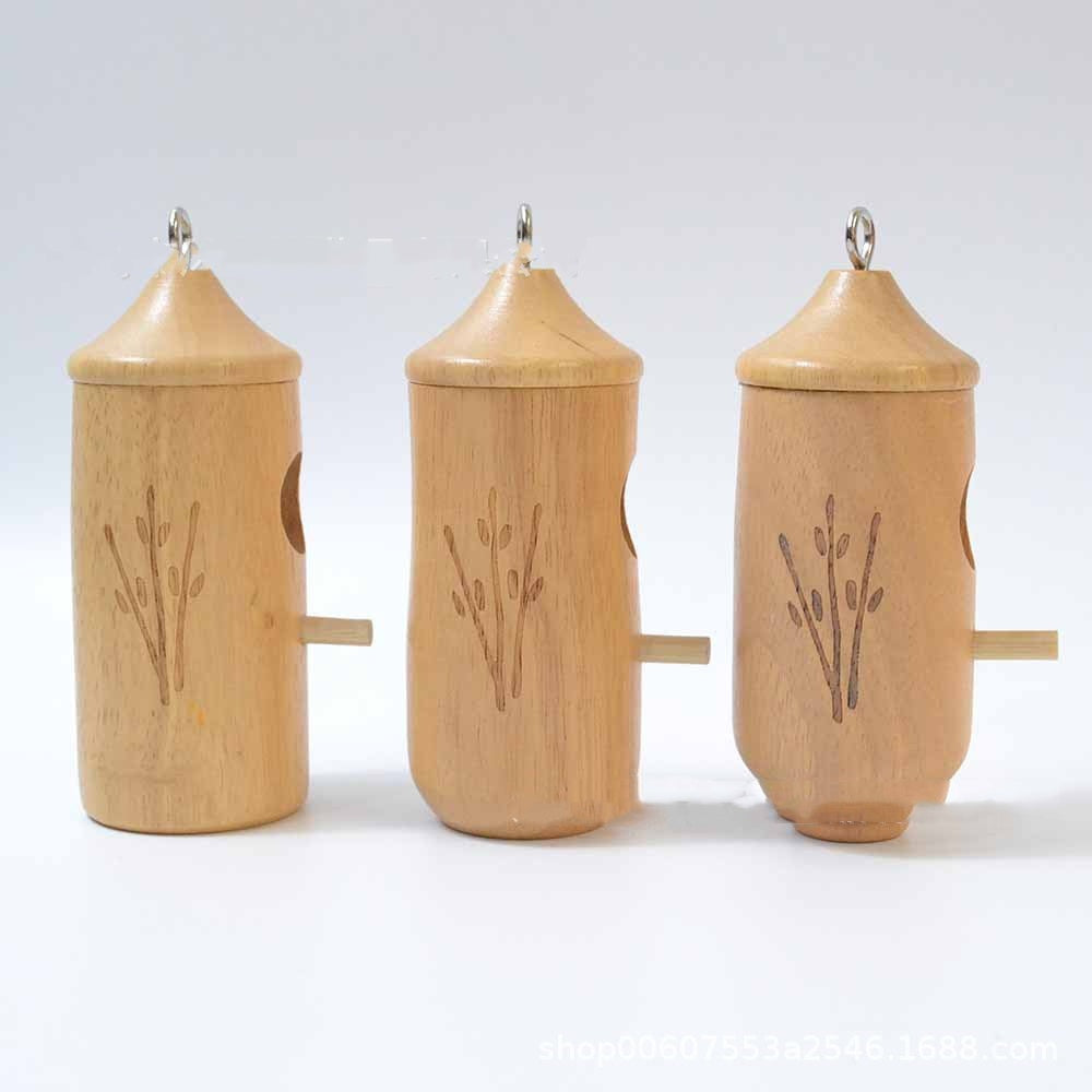 Set of three wooden hanging birdhouses, each with round entry hole and side perch.