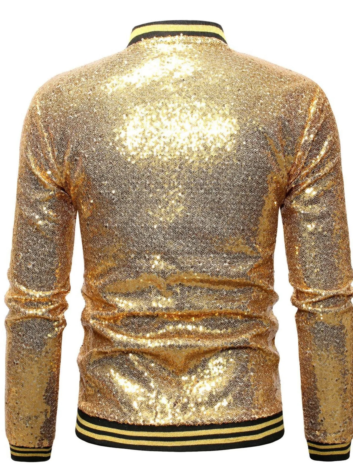 Gold sequin zip-up jacket from back view with ribbed yellow striped cuffs