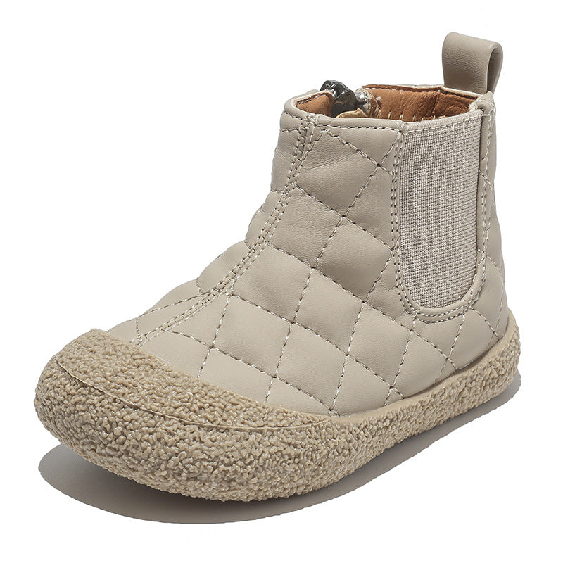 Soft-soled cotton child boots in light khaki, quilted fabric upper and elastic side gore