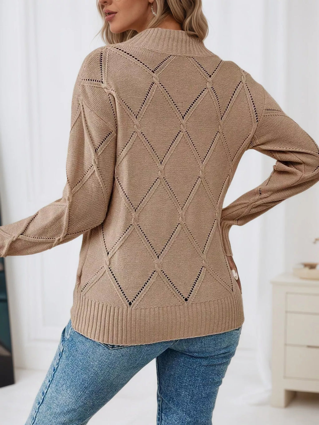 Mocha diamond eyelet knit top, back view with textured diamond pattern, long sleeves