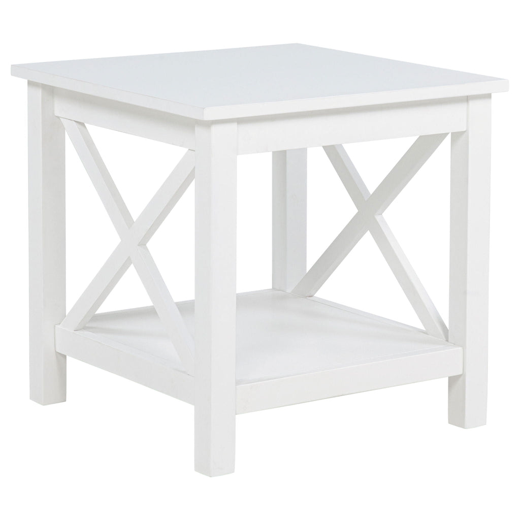 White square pine side table with lower shelf and X-cross braced sides