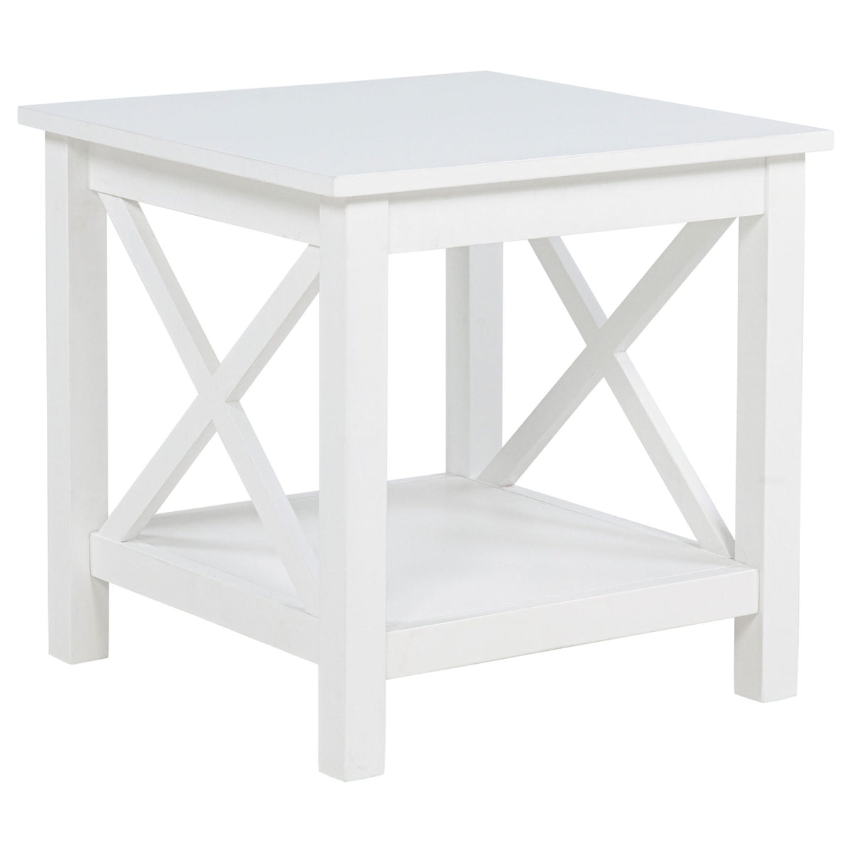 White square pine side table with lower shelf and X-cross braced sides