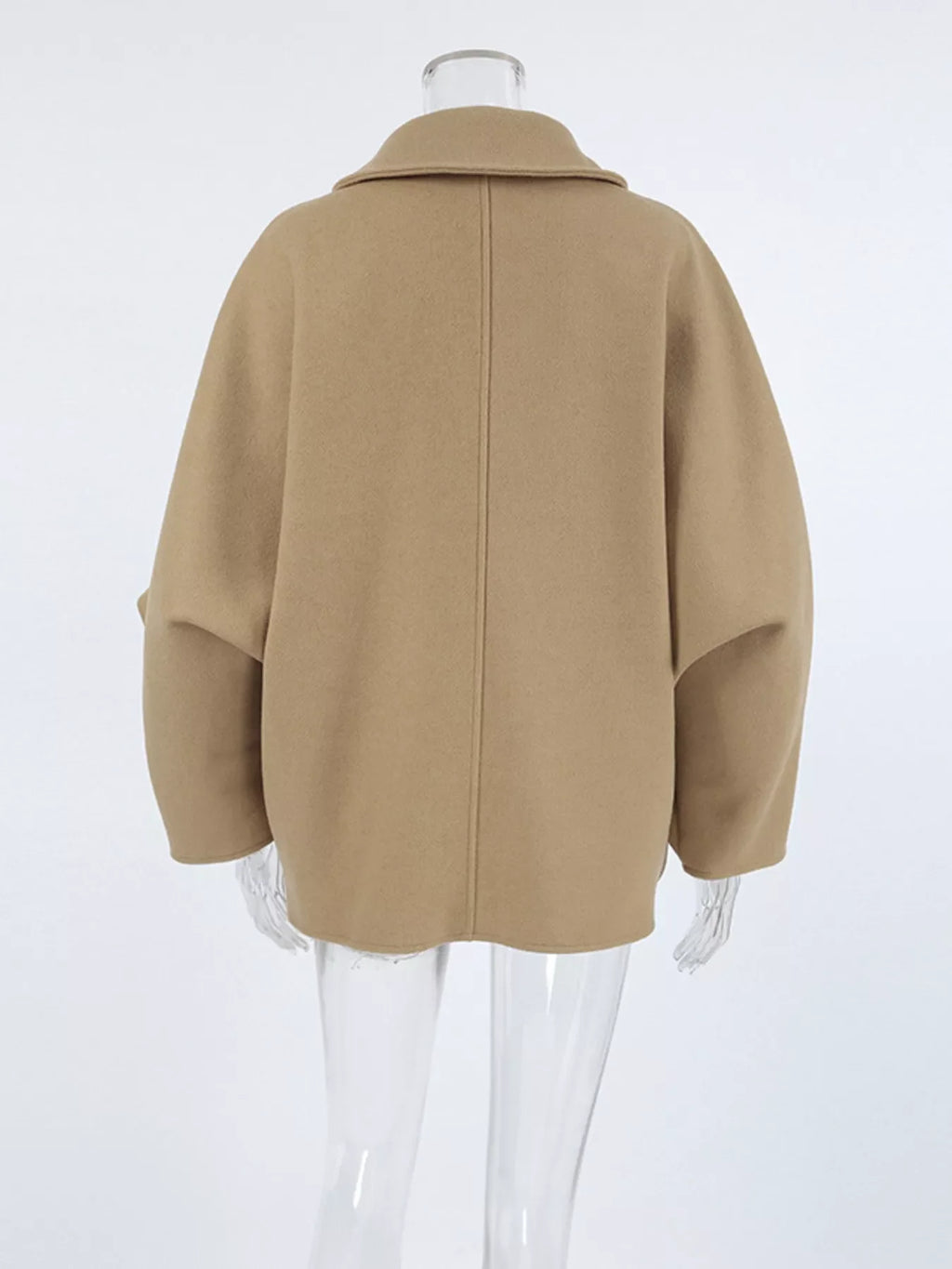 Khaki button-up long-sleeve coat with collar, back view