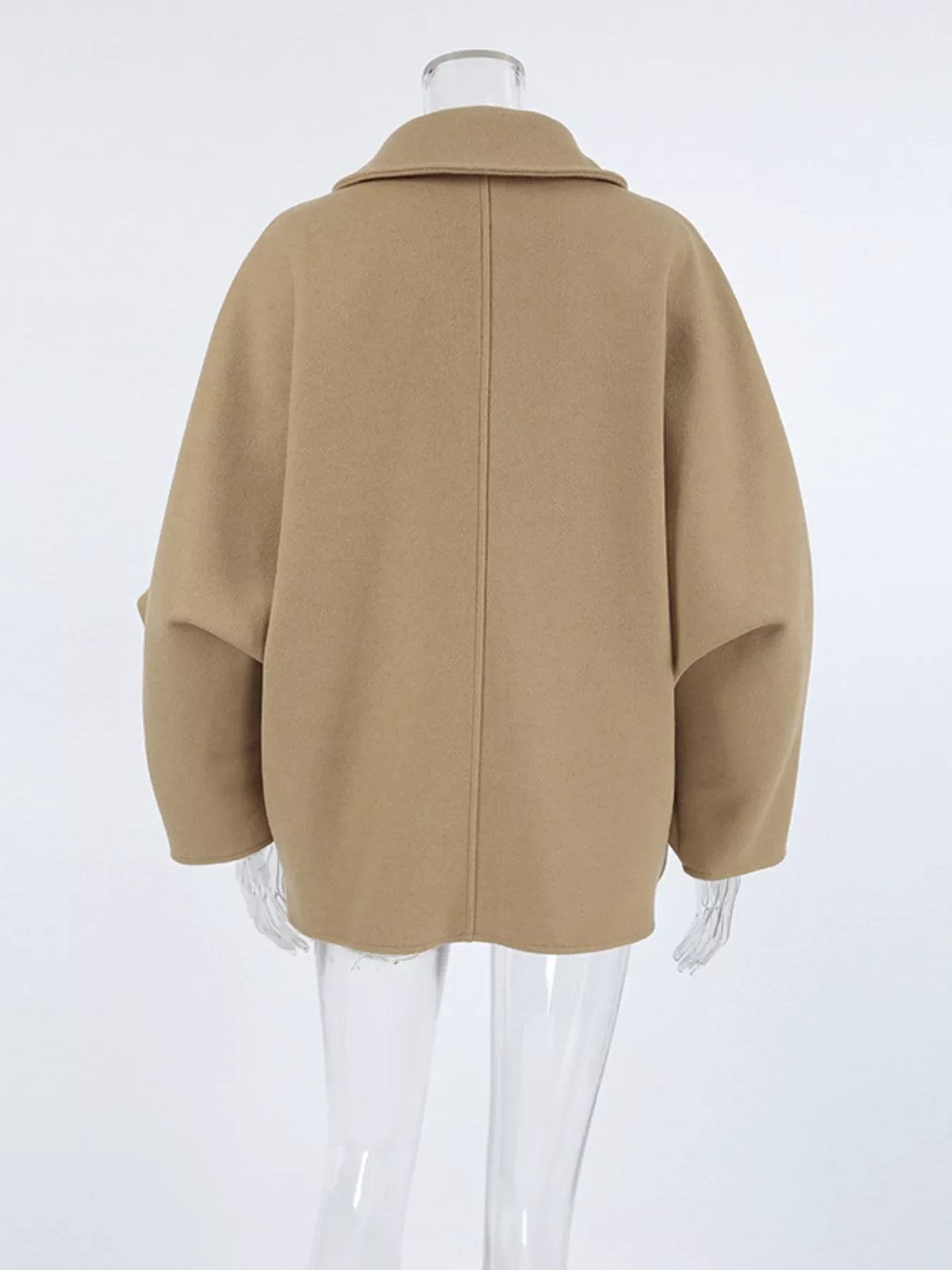 Khaki button-up long-sleeve coat with collar, back view