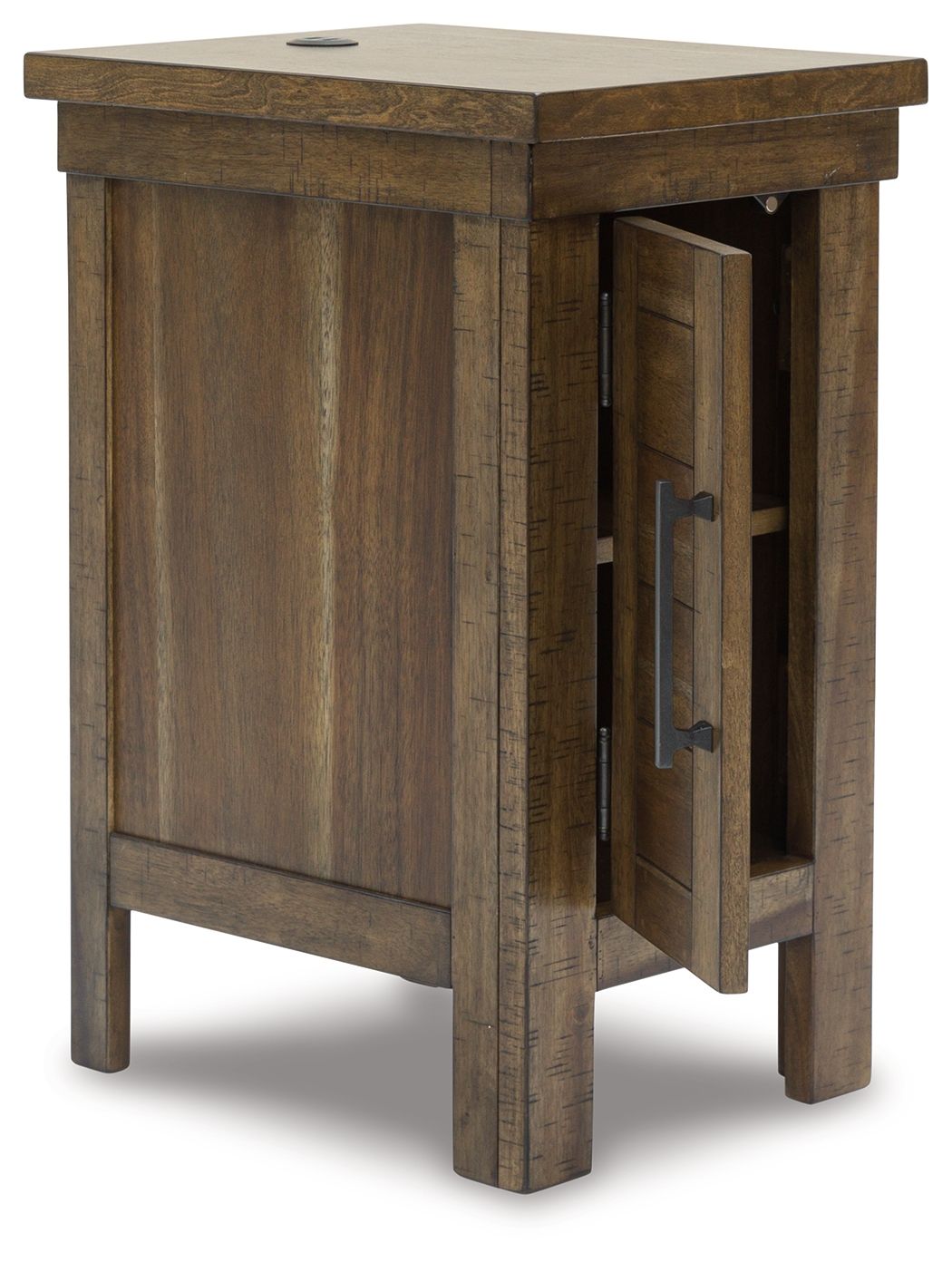 Grayish-brown chair side end table with open cabinet door and metal hinges