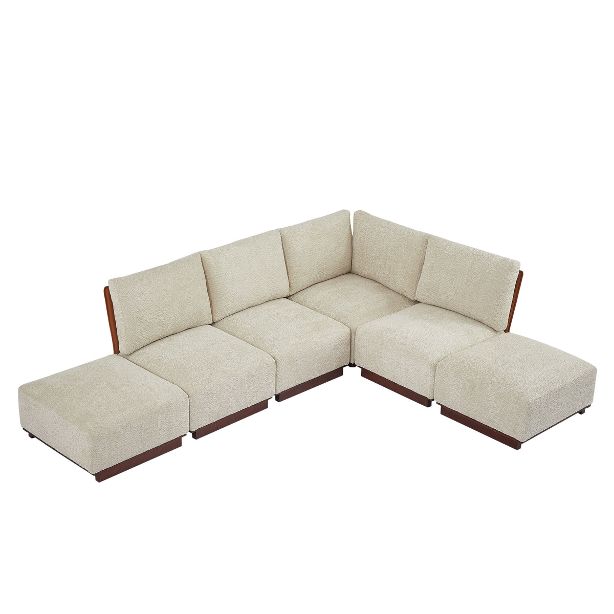 L-shaped sectional sofa with chaise modules, light sesame boucle fabric and dark base