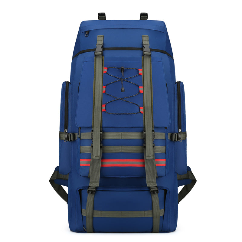 Blue travel backpack with front organizer panel and red striped webbing