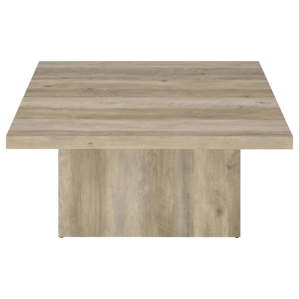 Distressed pine square coffee table with smooth tabletop and compact base