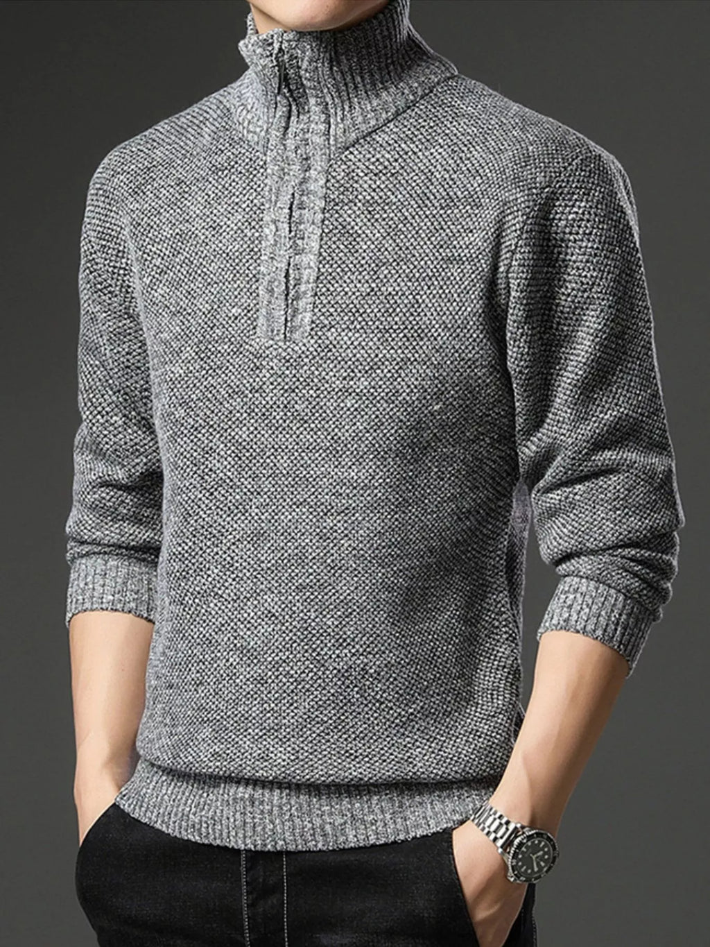Men's half-zip knitted pullover sweater, light heather gray, textured knit and cuffs