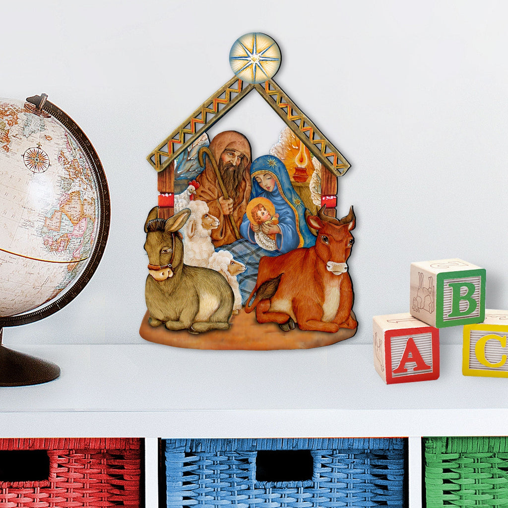 Nativity wooden door decor manger scene with star topper and animals
