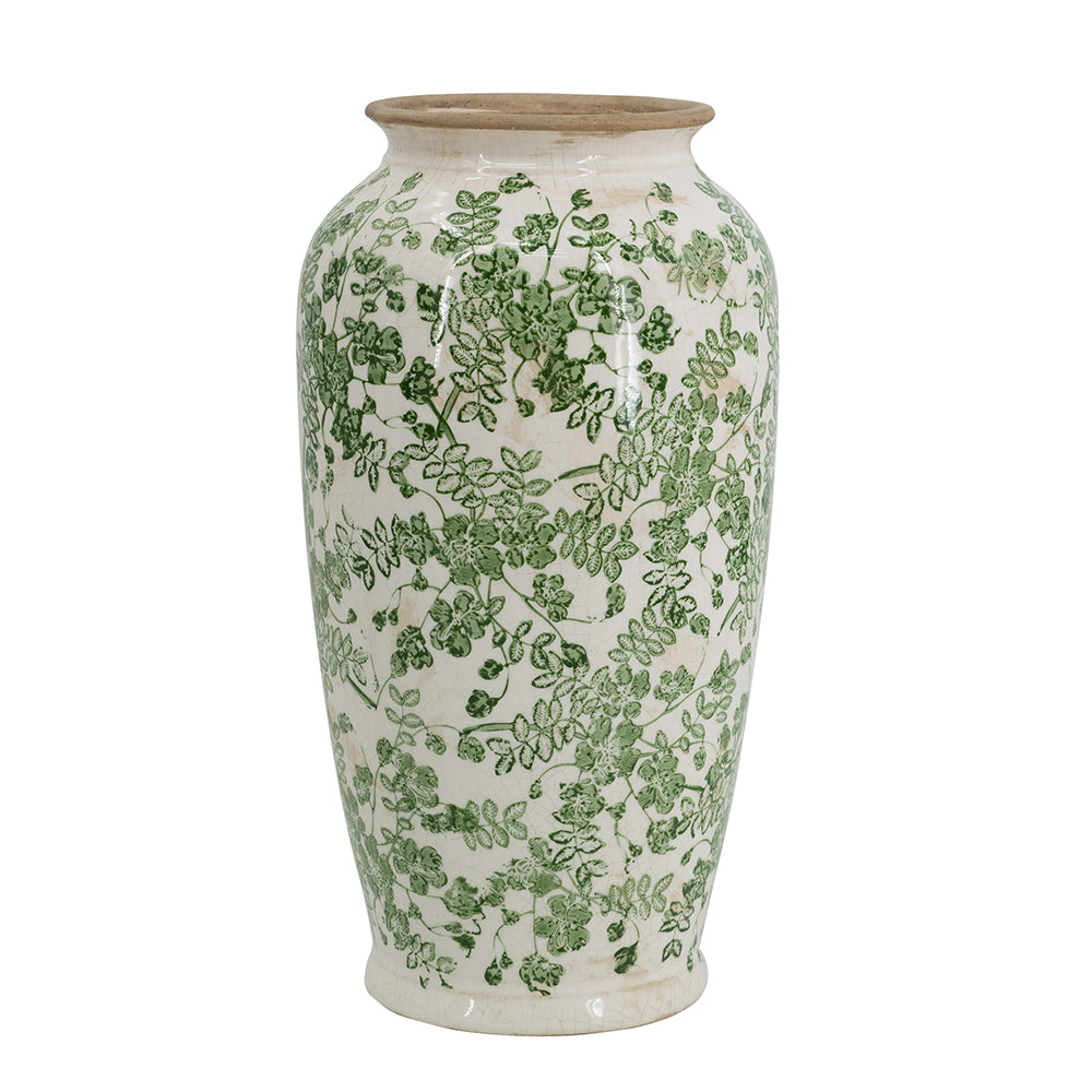 White ceramic vase with green leaf floral pattern and rounded body