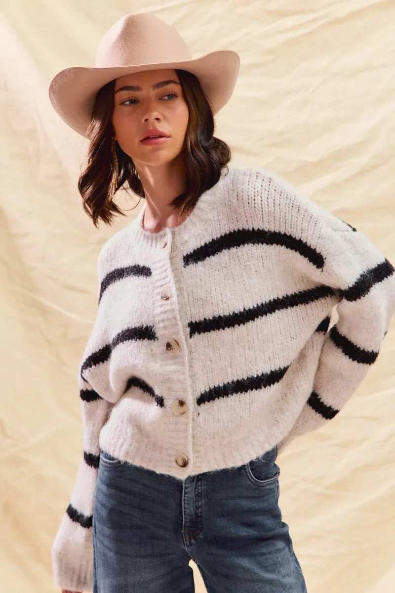 Button-front striped cozy sweater cardigan in cream with black horizontal stripes