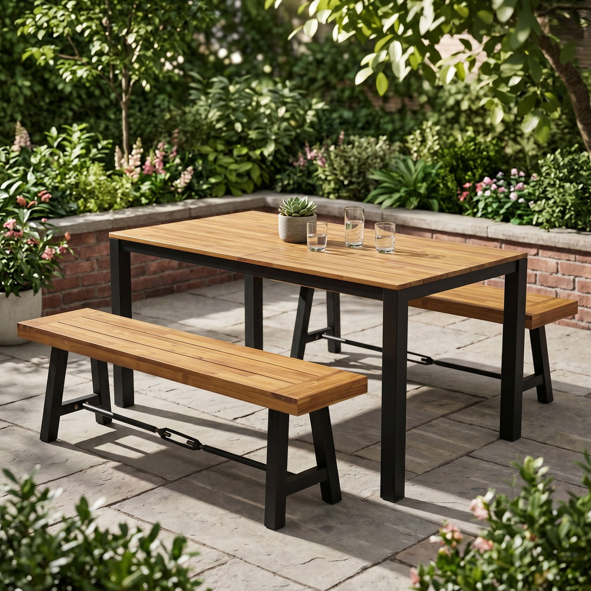 Acacia wood outdoor dining set: rectangular table with two benches, dark legs.
