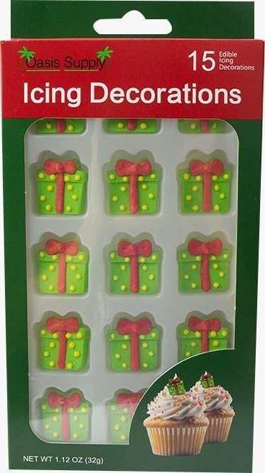 Edible icing cake decorations pack with green gift boxes and bow shapes, 15 pieces