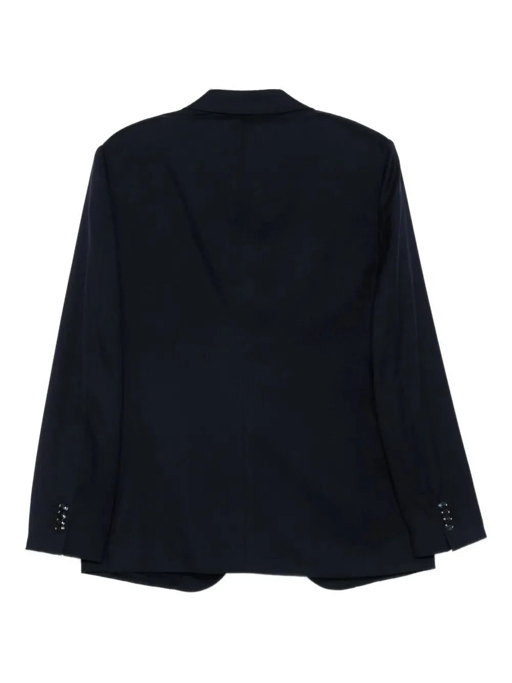 Men's dark navy blazer back view with button cuffs and side vents