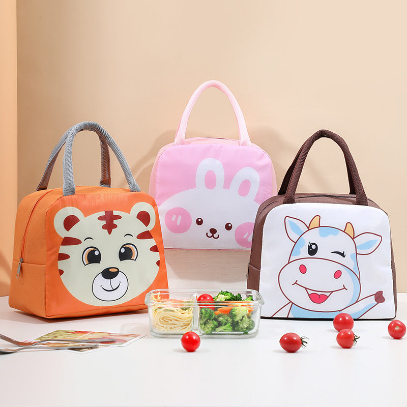 Fox, rabbit, and cow cartoon lunch cooler bags set with carry handles, insulated tops