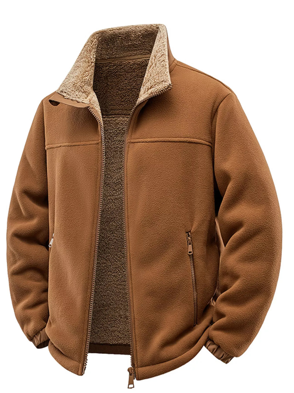 Men's plus-size zip-up fleece jacket, tan with tan sherpa lining and front zip.
