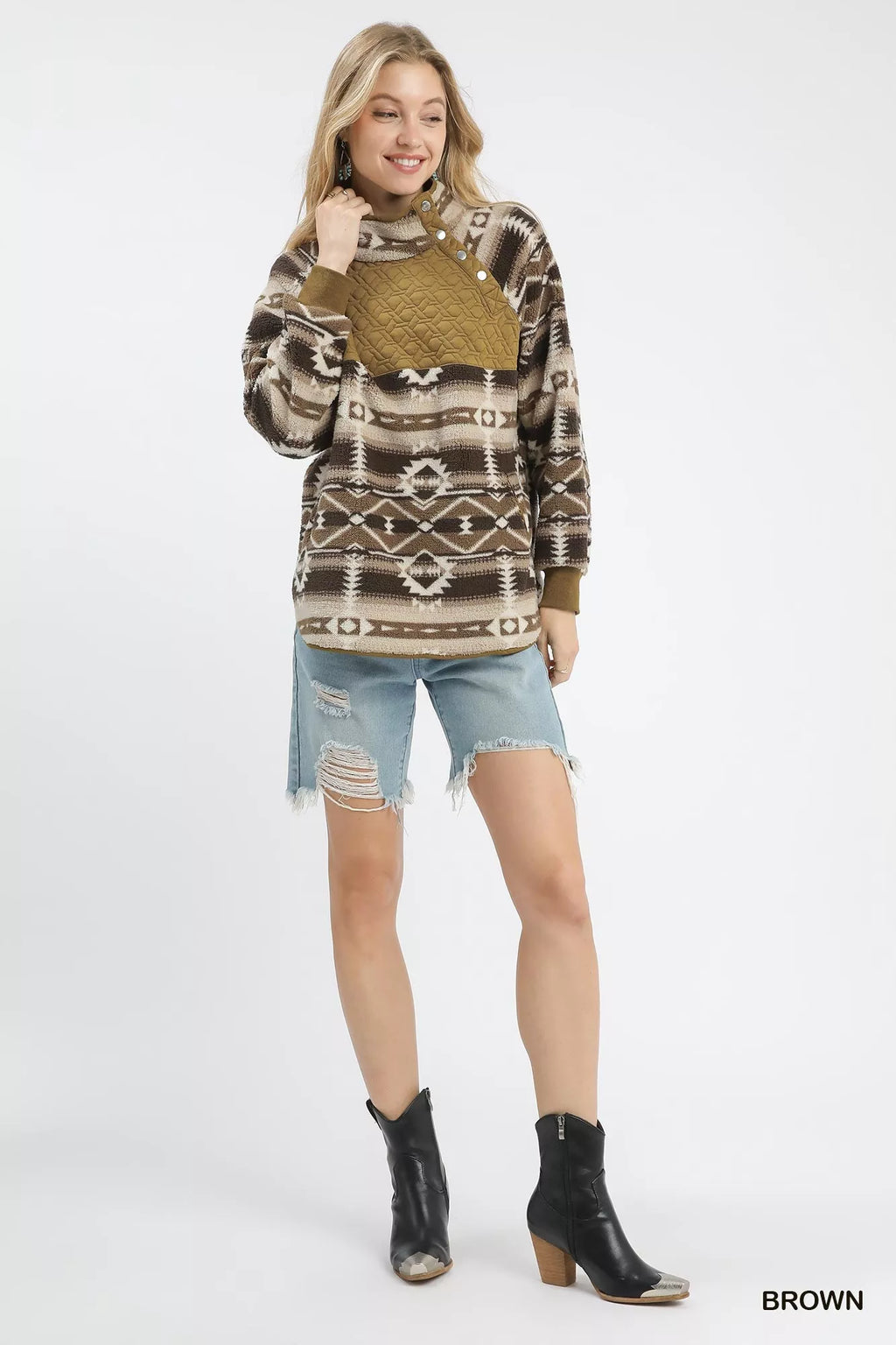 Brown sherpa pullover with Aztec print, snap-front bib and long sleeves