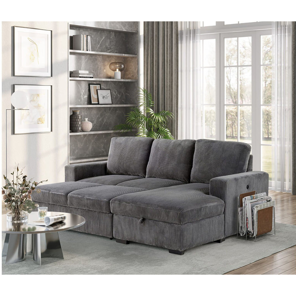 Dark gray sectional sofa with chaise, ribbed fabric upholstery, and multiple back cushions
