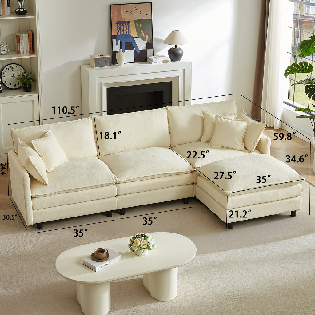Cream L-shaped sectional dimensions shown: 110.5 in long, 59.8 in wide