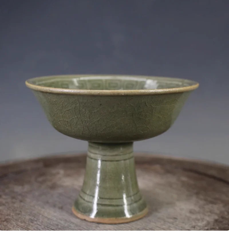 Celadon high-footed porcelain bowl, shallow bowl on narrow pedestal base