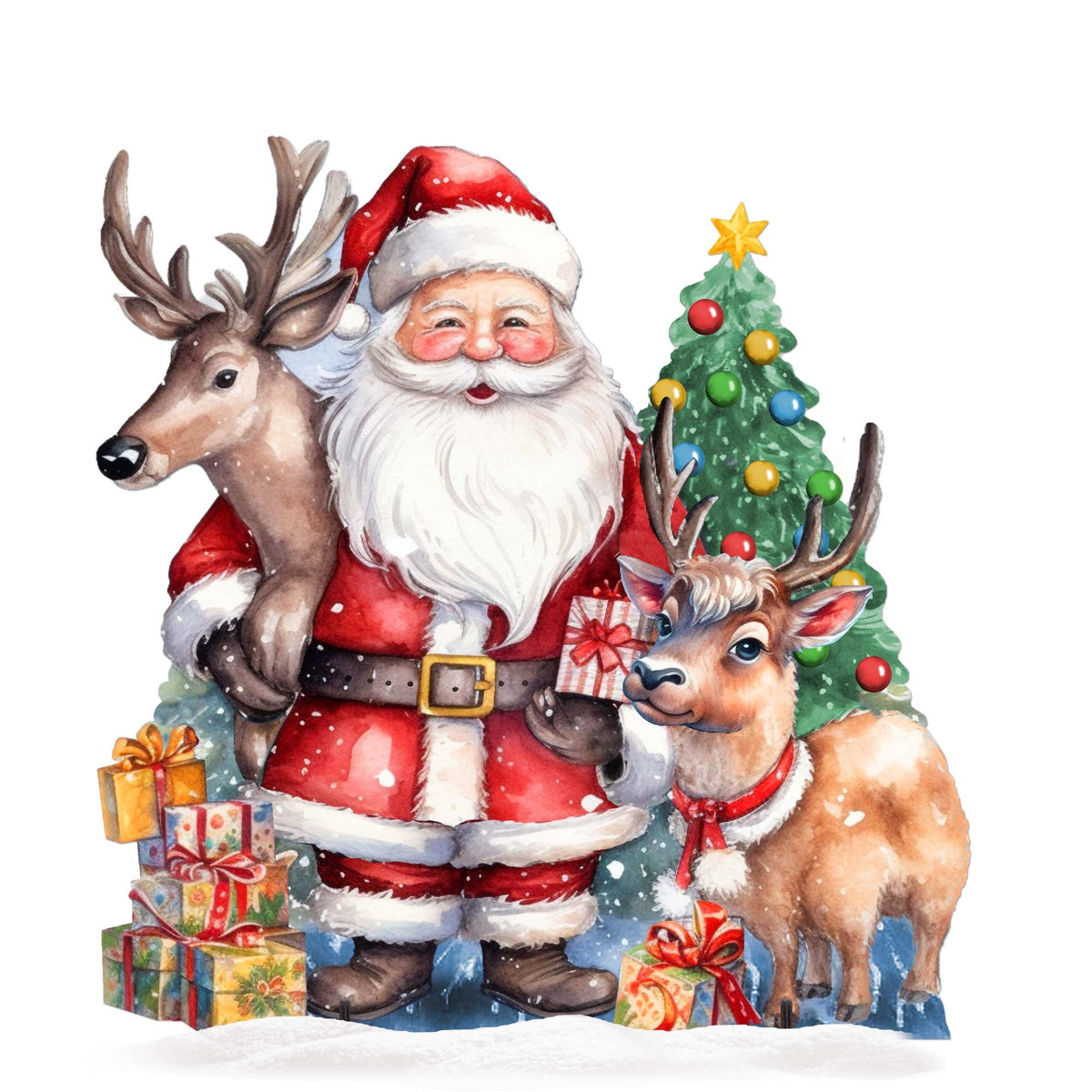 Santa with reindeer holding a staff, decorated tree, and wrapped gifts on snowy base