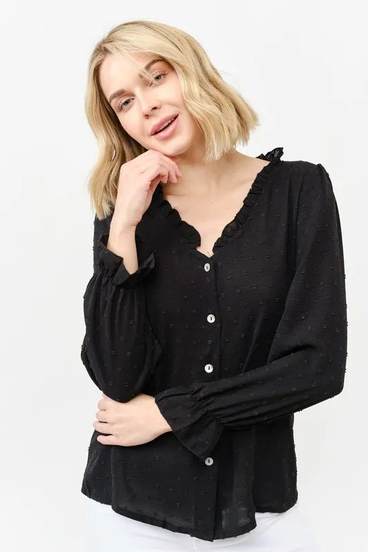 Black polka-dot ruffle-neck blouse with button front and long gathered sleeves