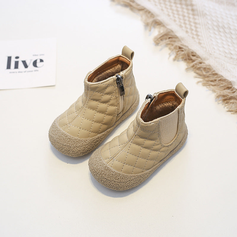 Soft-soled cotton child boots, light khaki color, side elastic gore and quilted stitching
