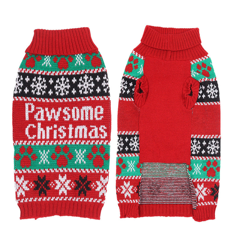 Red knit dog sweater with “Pawsome Christmas” front and striped holiday sleeve detail