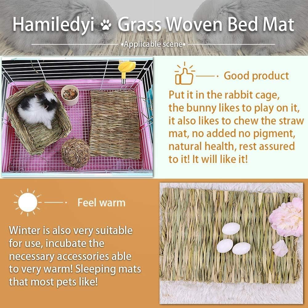 Grass woven bed mat, rectangular straw weave with soft bedding border in enclosure