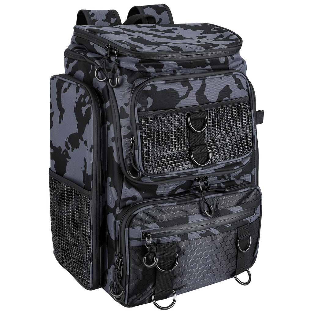 Camo fishing tackle backpack with front mesh pocket, zip compartments, and multiple straps