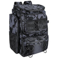 Camo fishing tackle backpack with front mesh pocket, zip compartments, and multiple straps