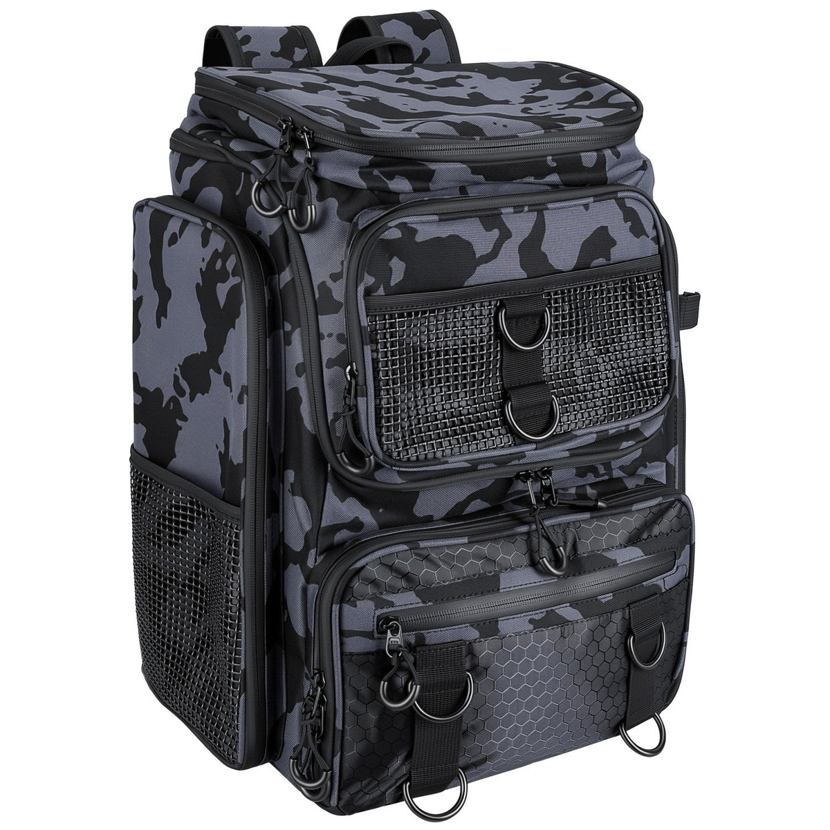 Camo fishing tackle backpack with front mesh pocket, zip compartments, and multiple straps