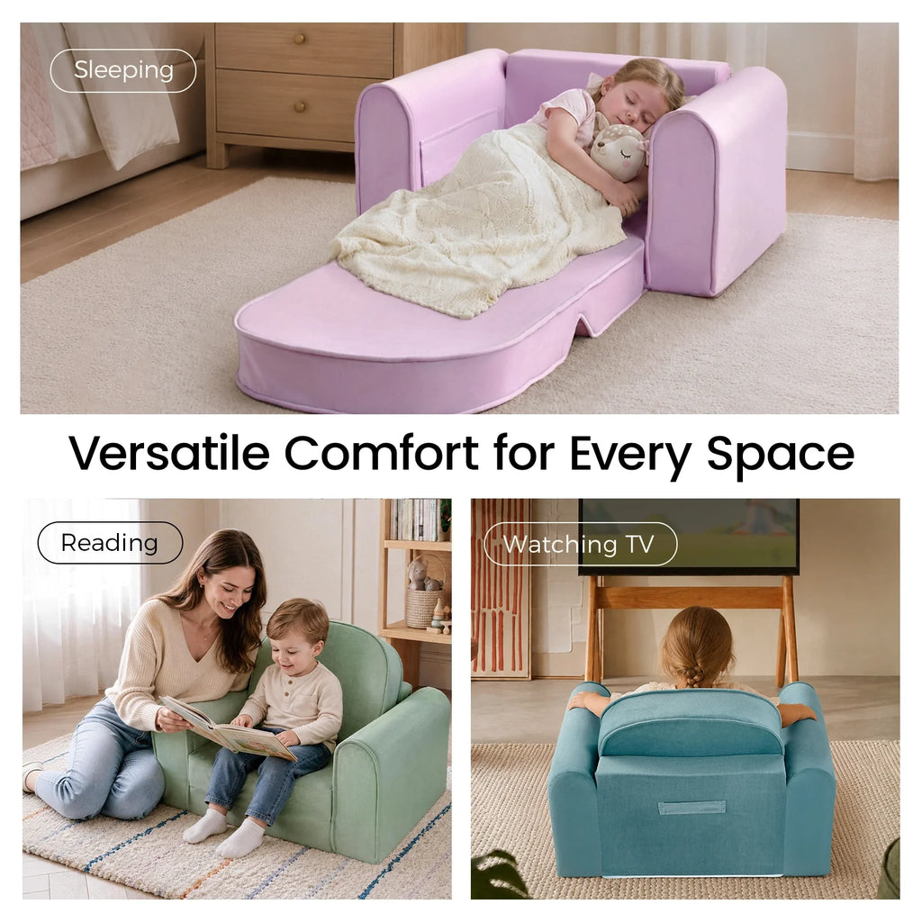 Kids lounge sofa chair in light purple with padded arms and raised back