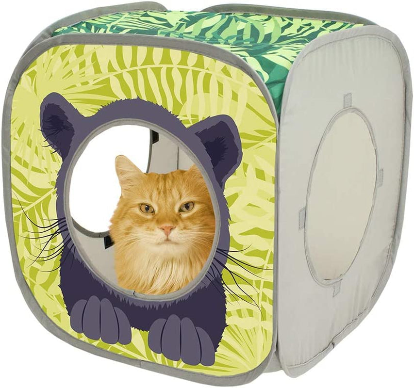 Collapsible cat cube with a panther face print, circular entrance, and gray side panel