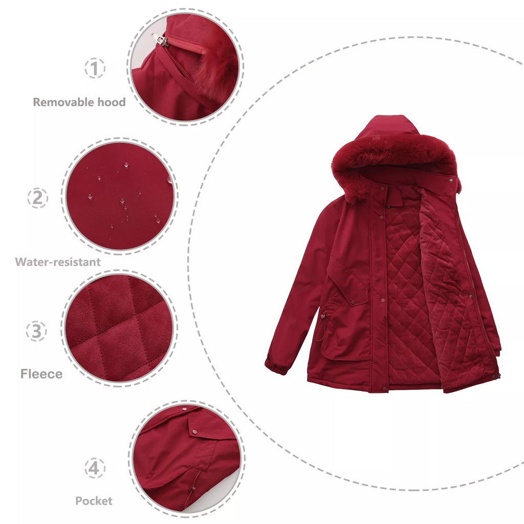 Plus-size winter parka in burgundy with fur-trim hood, quilted sleeves and pockets