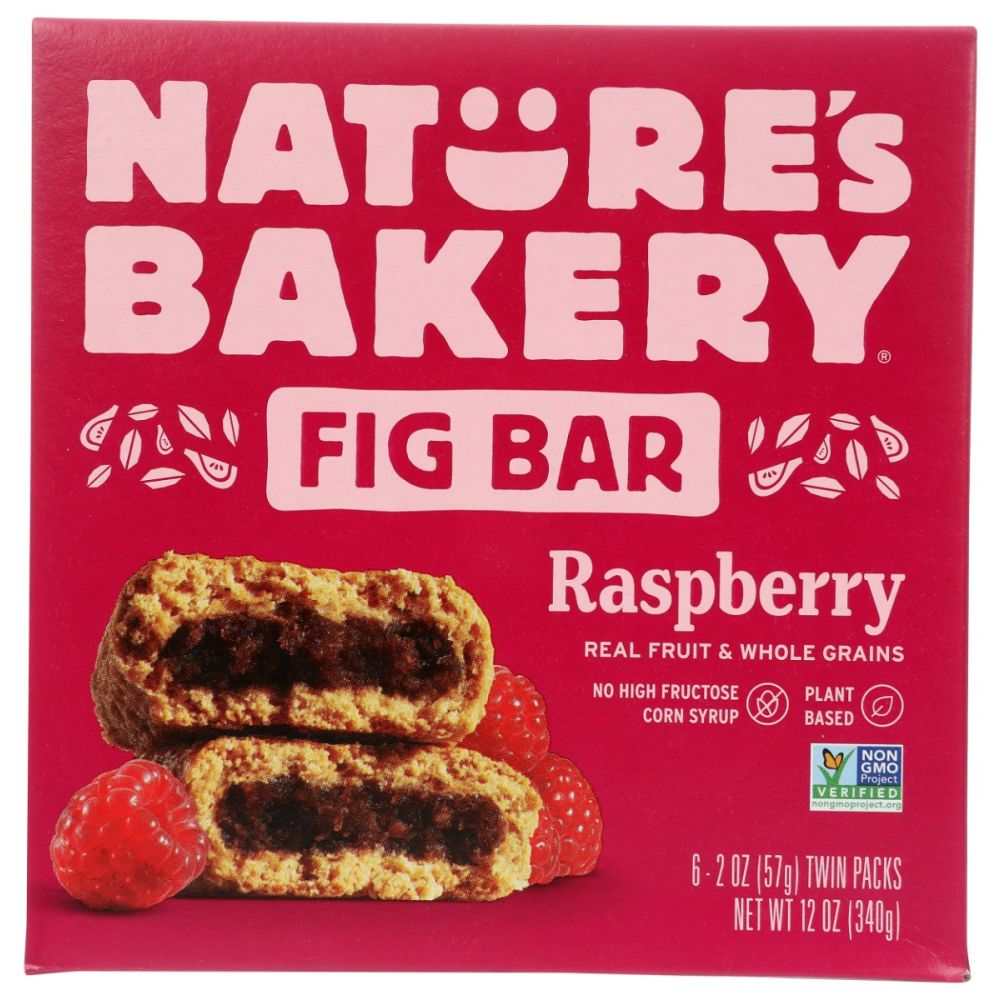 Raspberry whole wheat fig bar snack box front with brand text and fig bars