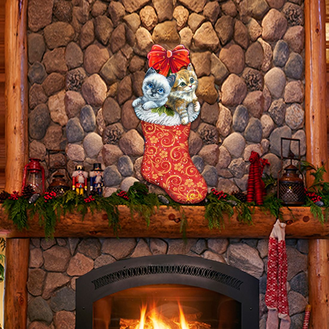 Kitten Christmas stocking door decor with two cats, red bow, and gold swirl details
